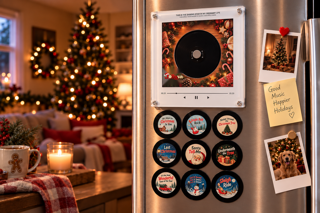 Mini vinyl player and discs on a fridge