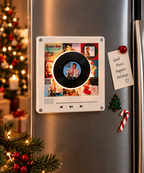 Mini vinyl player glowing on a fridge door