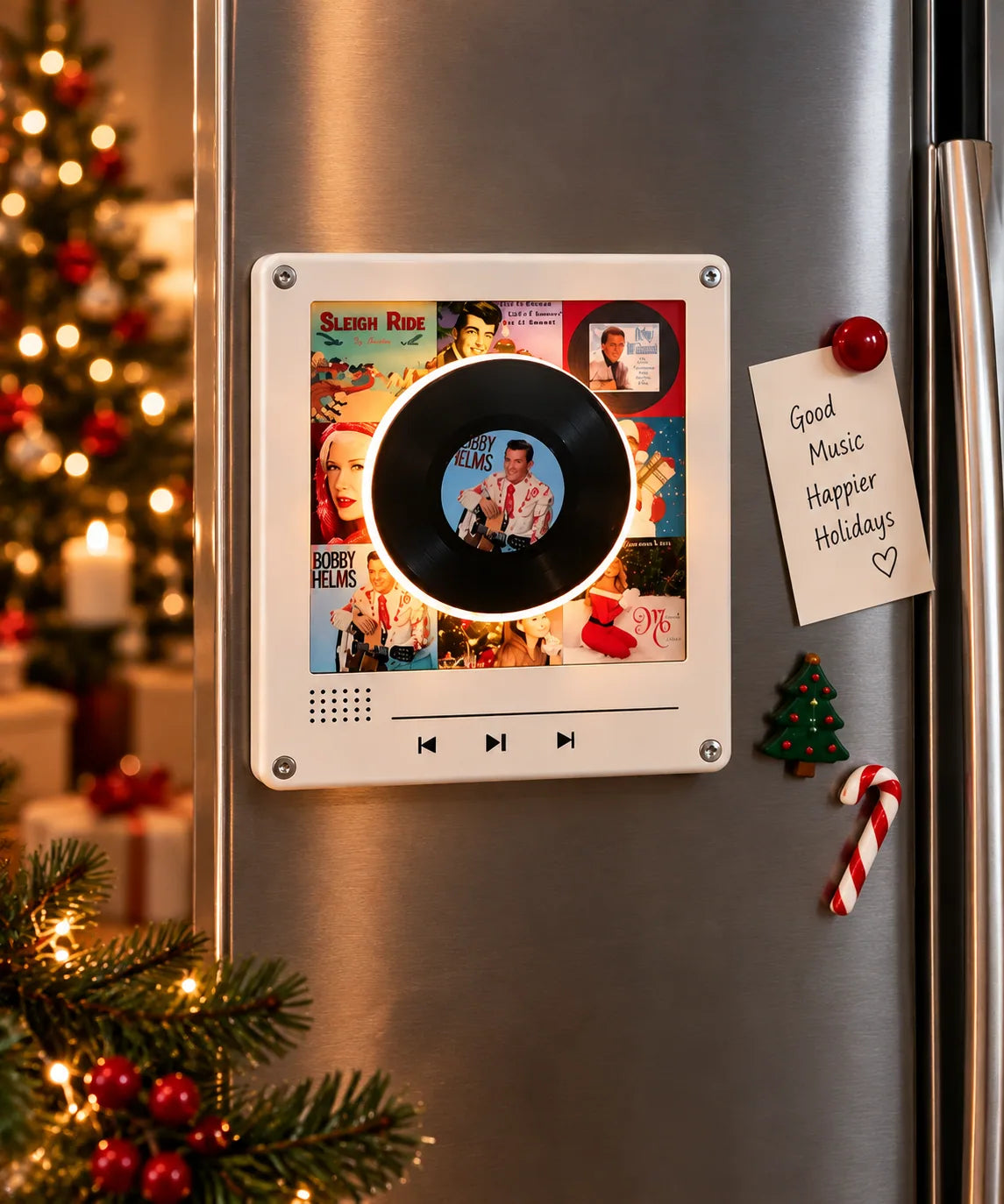 Mini vinyl player glowing on a fridge door